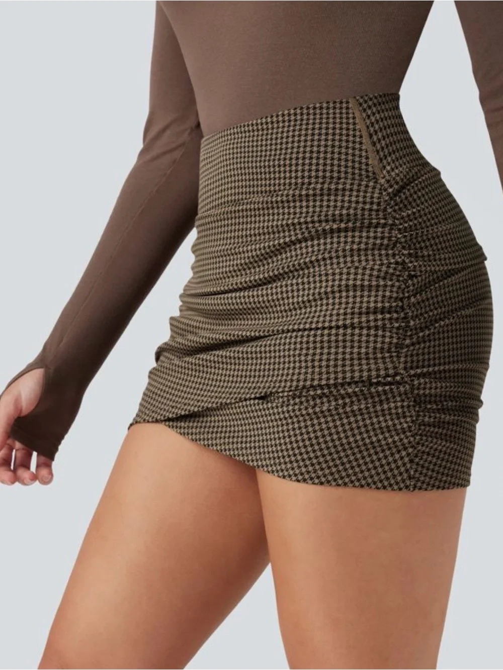 HALARA Brown Houndstooth Ruched Mini Skirt - Picture 6 of 14
